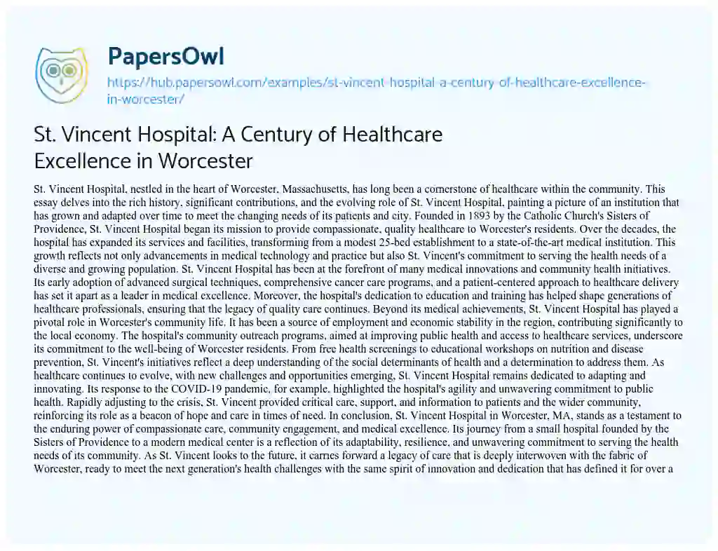 Essay on St. Vincent Hospital: A Century of Healthcare Excellence in Worcester