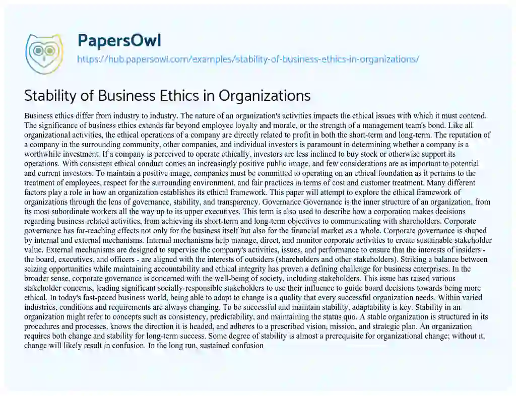 Essay on Stability of Business Ethics in Organizations