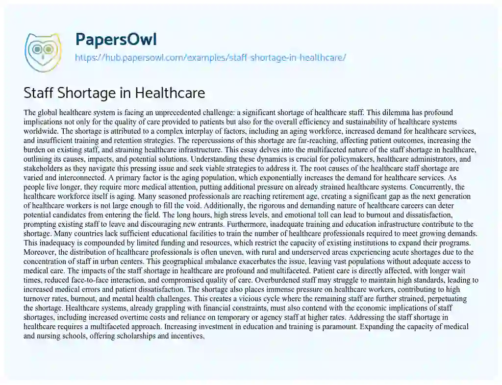 Essay on Staff Shortage in Healthcare
