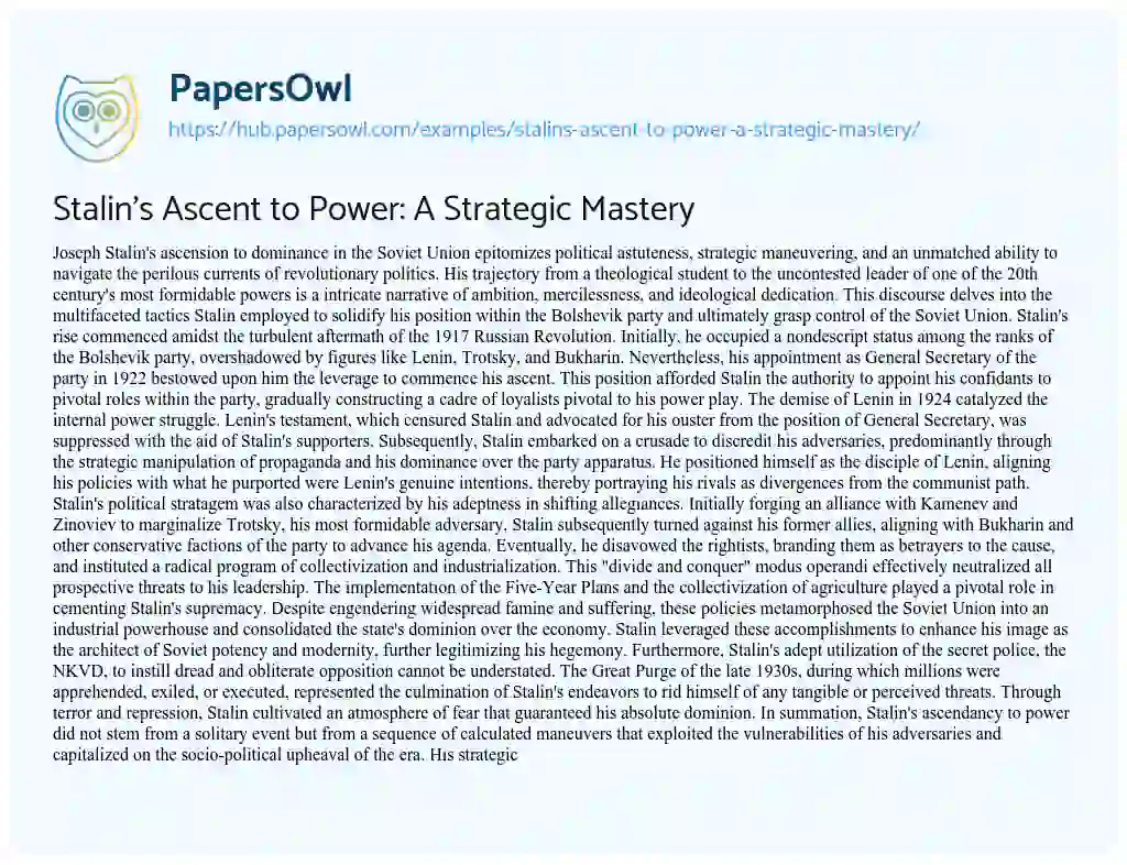 Essay on Stalin’s Ascent to Power: A Strategic Mastery