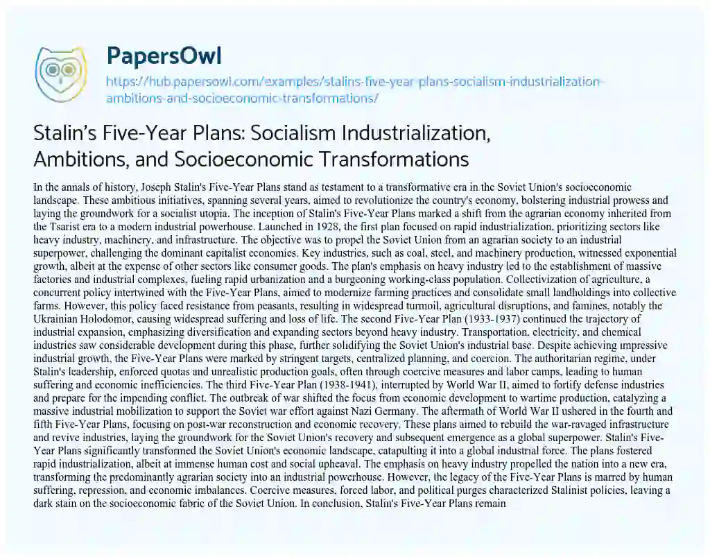 Essay on Stalin’s Five-Year Plans: Socialism Industrialization, Ambitions, and Socioeconomic Transformations
