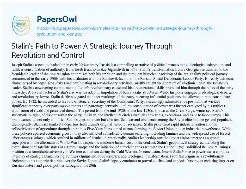 Essay on Stalin’s Path to Power: A Strategic Journey Through Revolution and Control