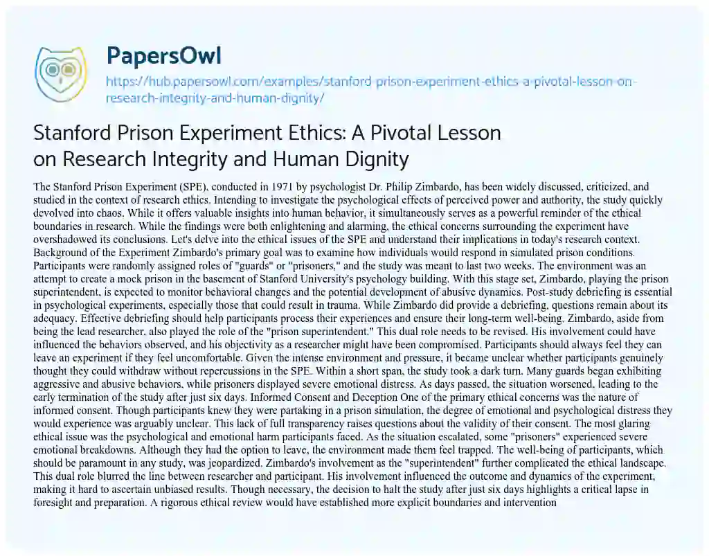 Essay on Stanford Prison Experiment Ethics: A Pivotal Lesson on Research Integrity and Human Dignity