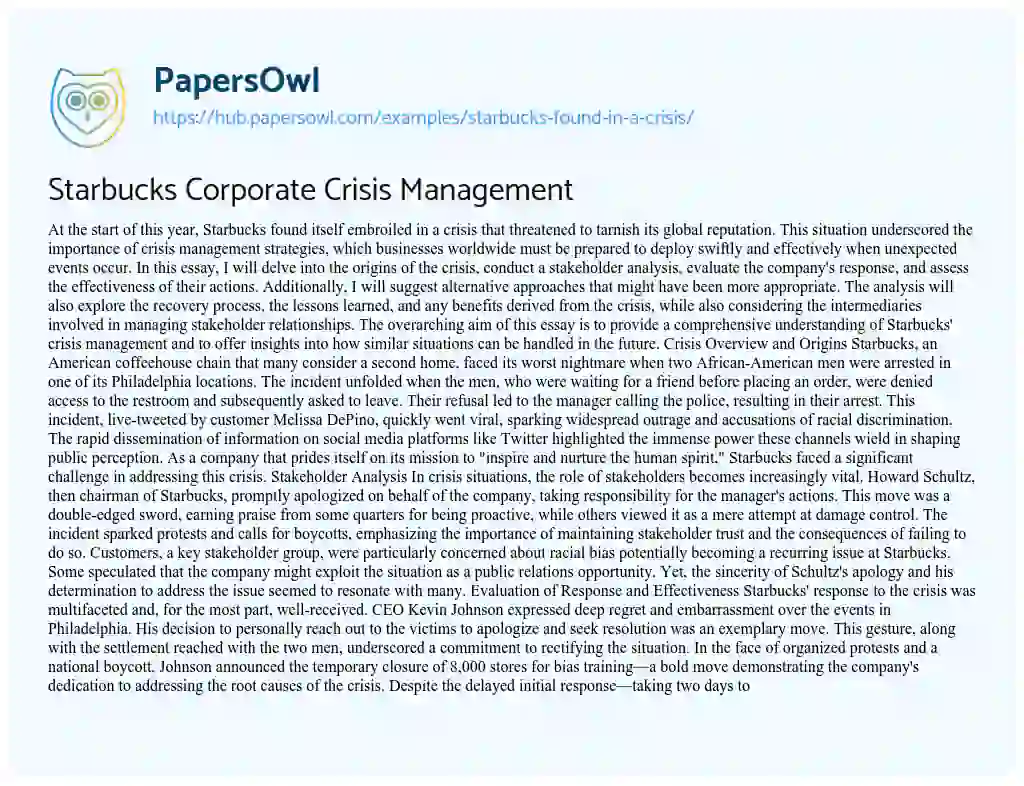 Essay on Starbucks Corporate Crisis Management