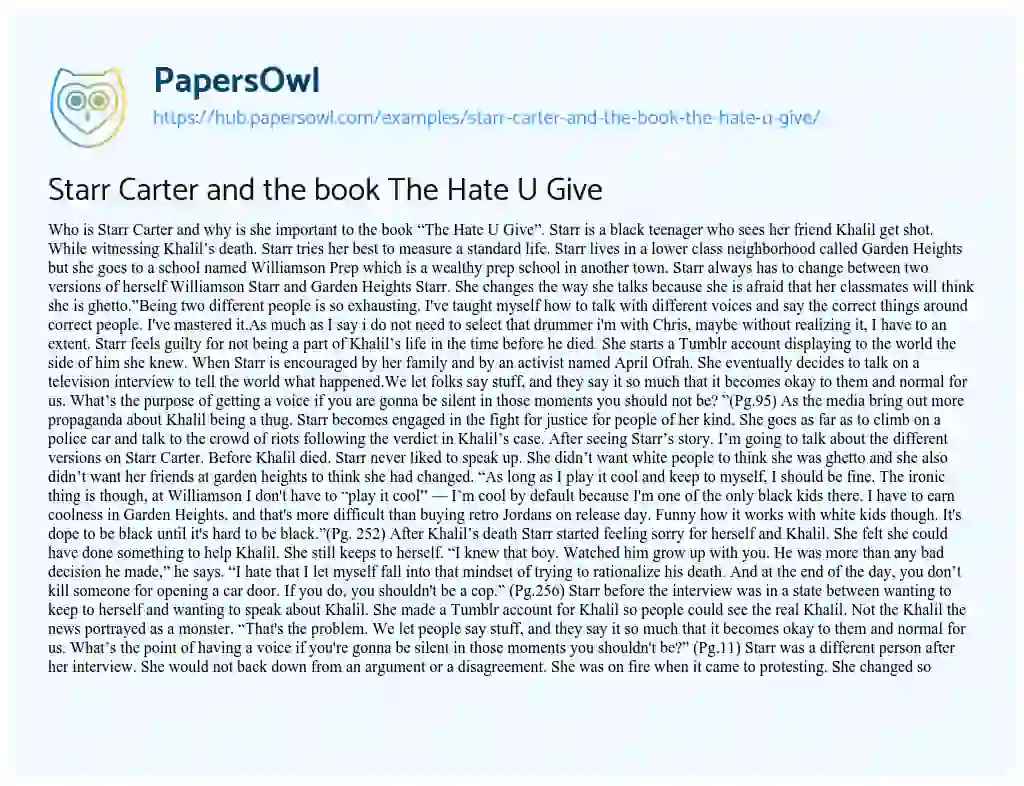 Essay on Starr Carter and the book The Hate U Give