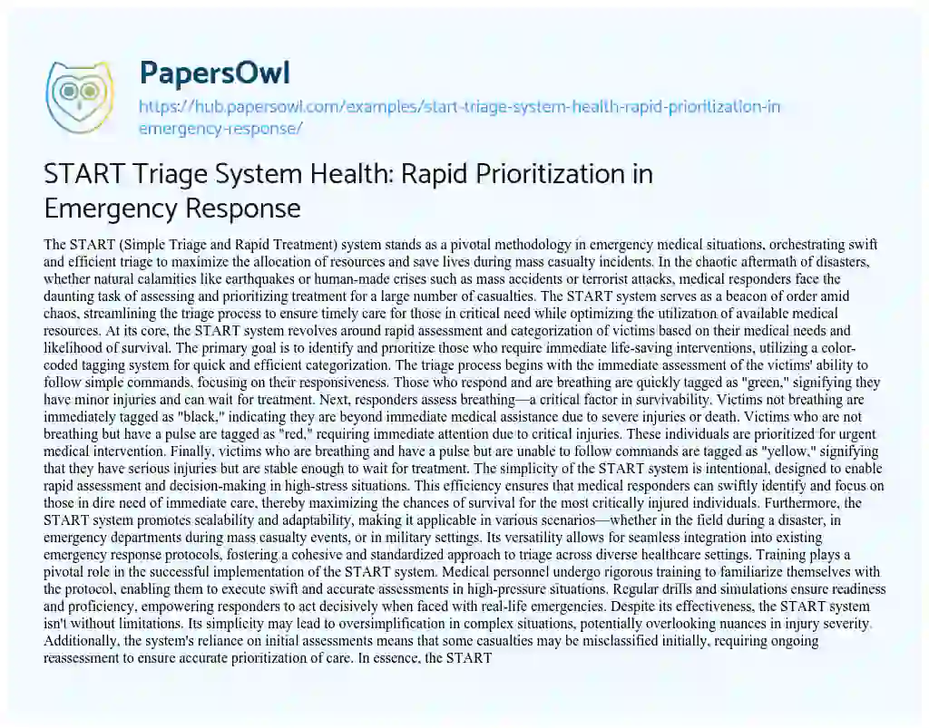 Essay on START Triage System Health: Rapid Prioritization in Emergency Response