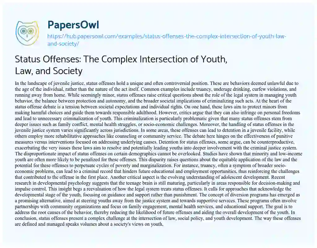 Essay on Status Offenses: The Complex Intersection of Youth, Law, and Society