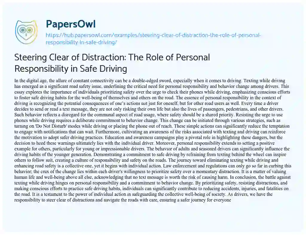 Essay on Steering Clear of Distraction: The Role of Personal Responsibility in Safe Driving