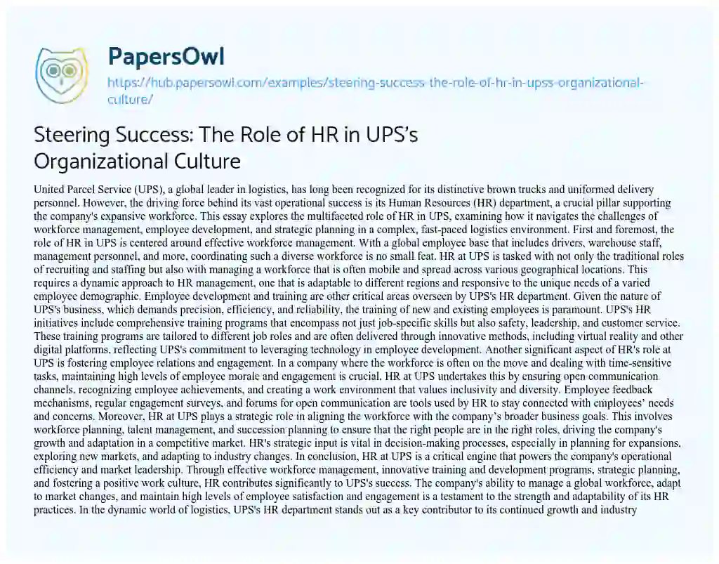 Essay on Steering Success: The Role of HR in UPS’s Organizational Culture