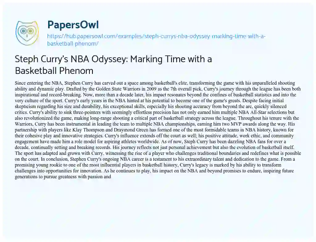 Essay on Steph Curry’s NBA Odyssey: Marking Time with a Basketball Phenom