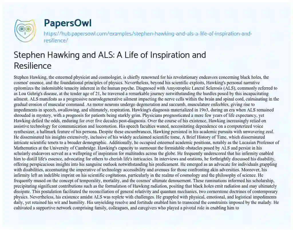 Essay on Stephen Hawking and ALS: A Life of Inspiration and Resilience