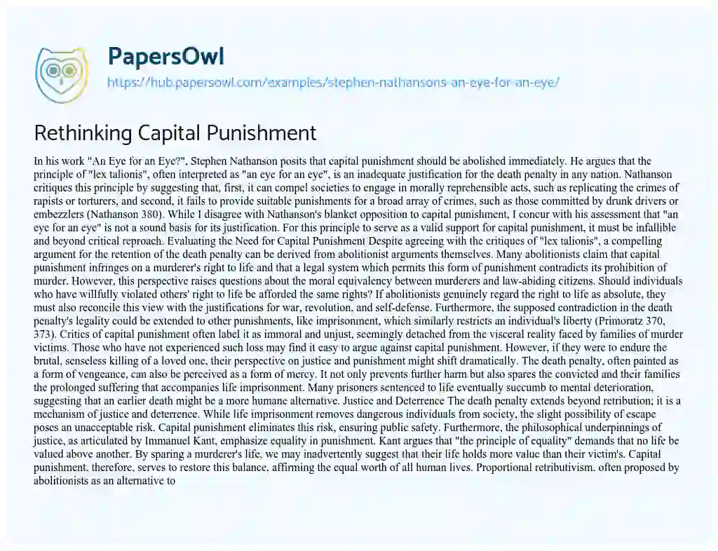 Essay on Rethinking Capital Punishment