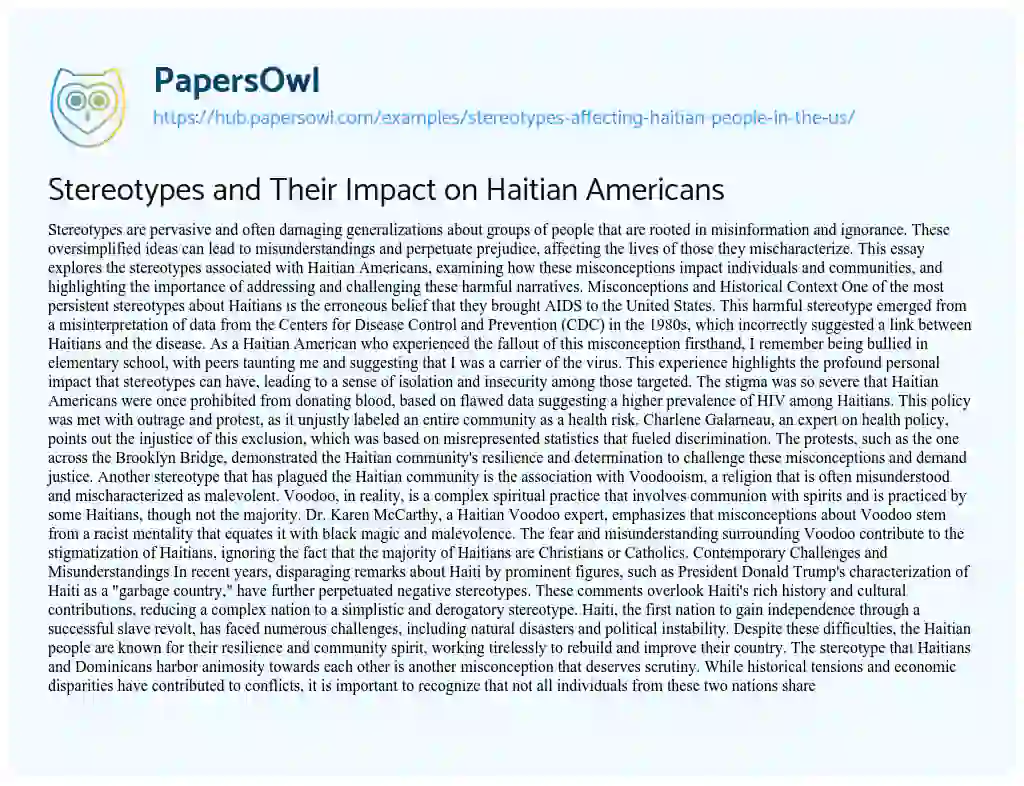 Essay on Stereotypes and Their Impact on Haitian Americans