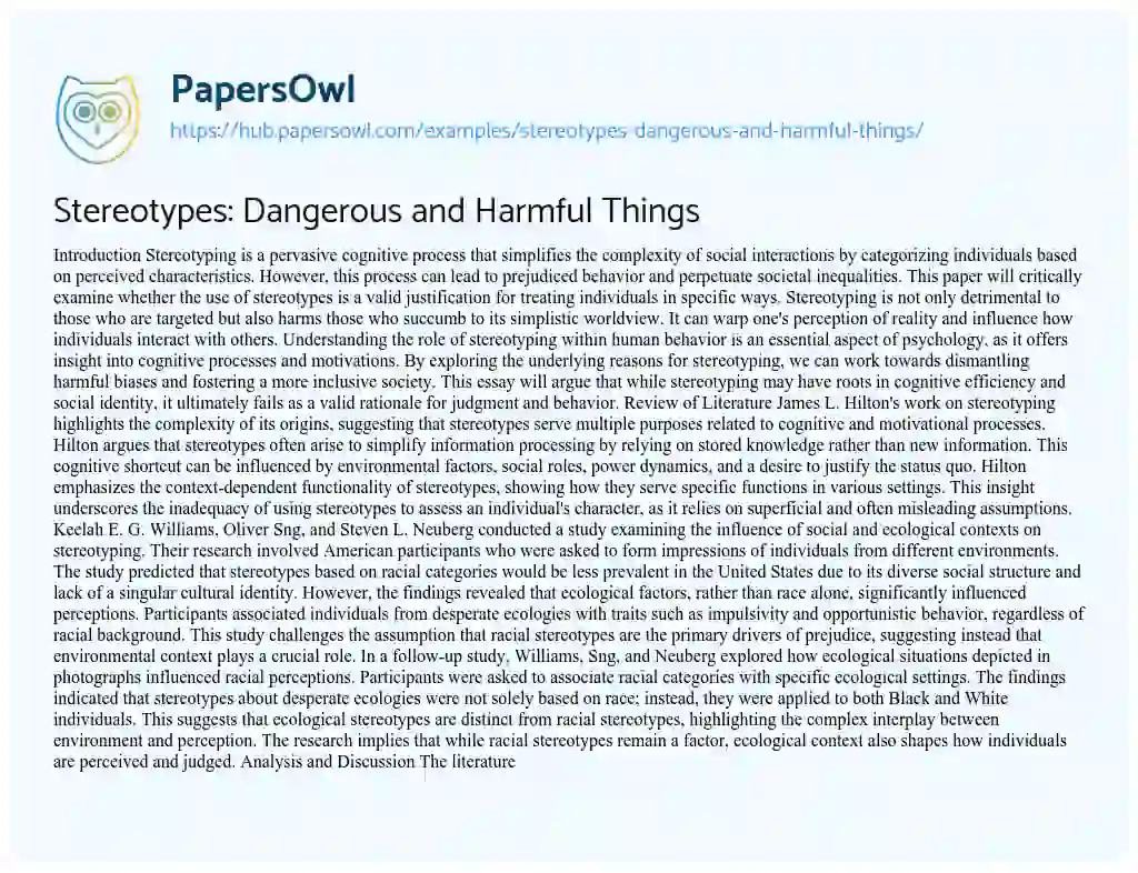 Essay on Stereotypes: Dangerous and Harmful Things