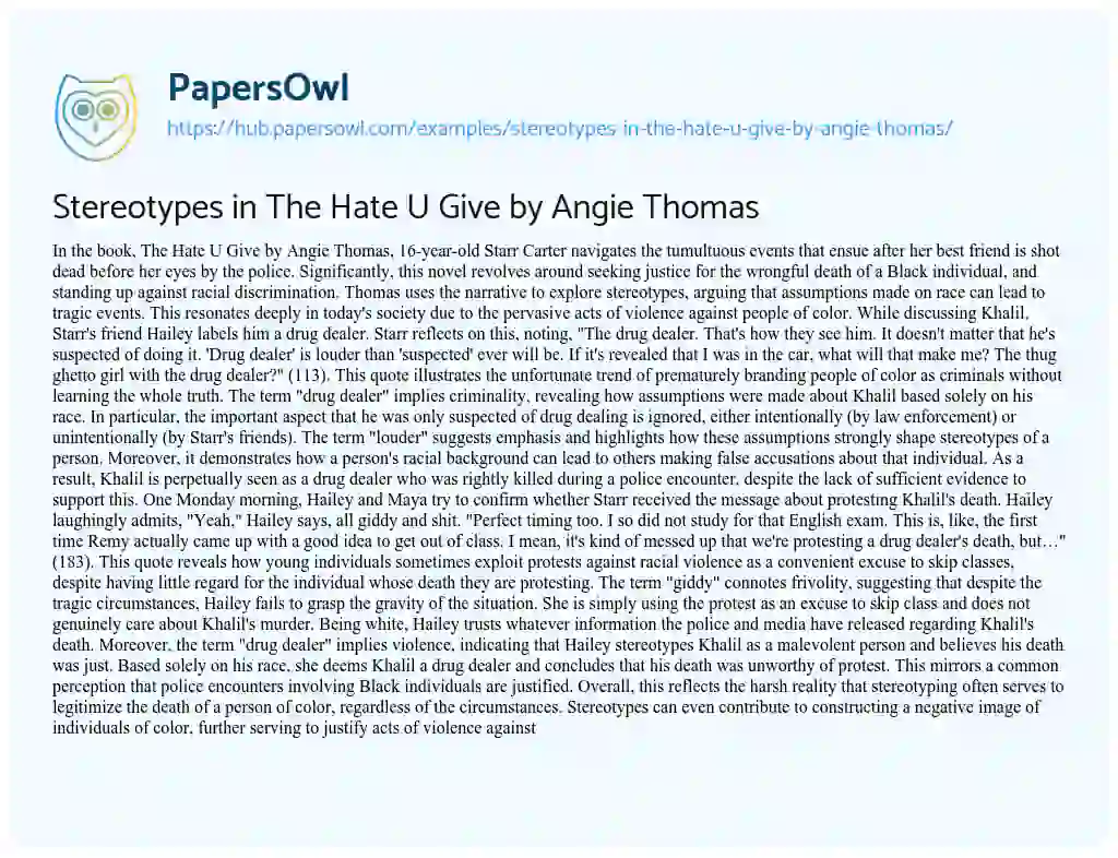 Essay on Stereotypes in The Hate U Give by Angie Thomas
