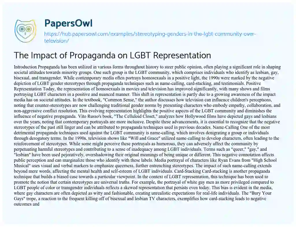 Essay on The Impact of Propaganda on LGBT Representation