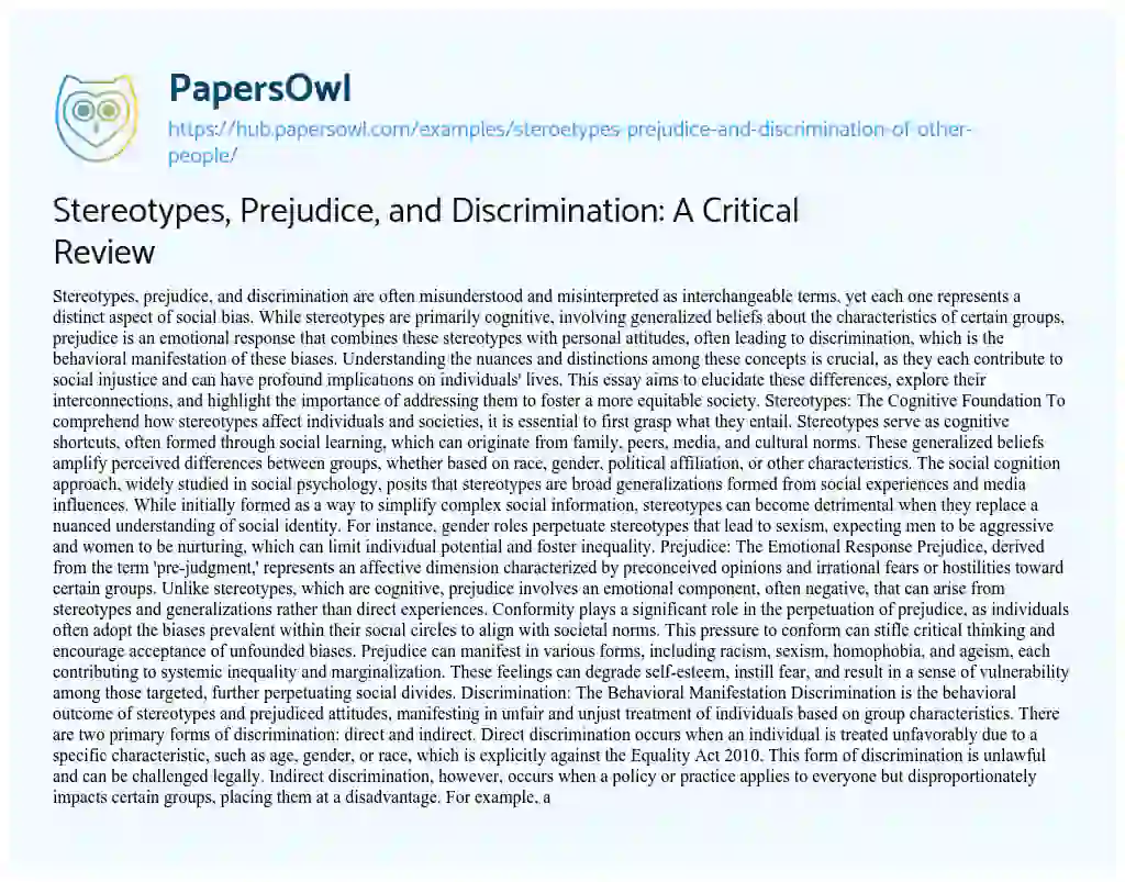 Essay on Stereotypes, Prejudice, and Discrimination: A Critical Review