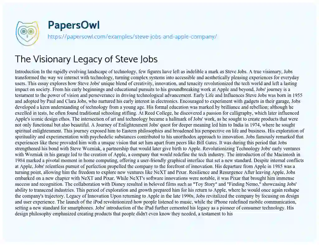 Essay on The Visionary Legacy of Steve Jobs
