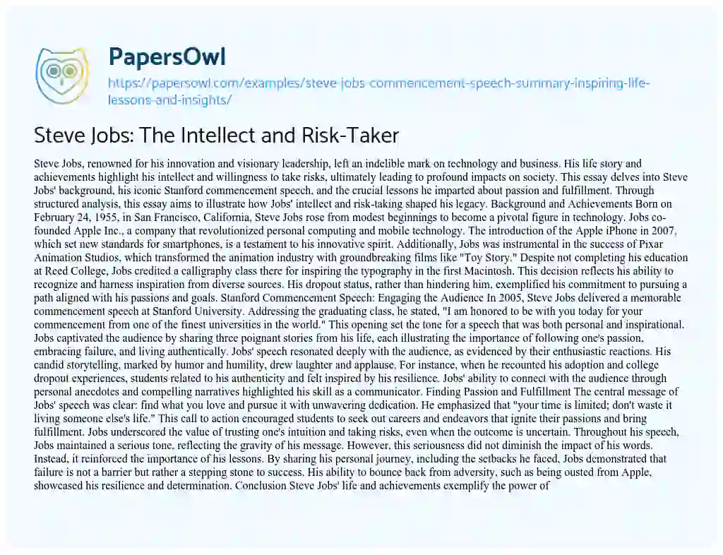 Essay on Steve Jobs: The Intellect and Risk-Taker