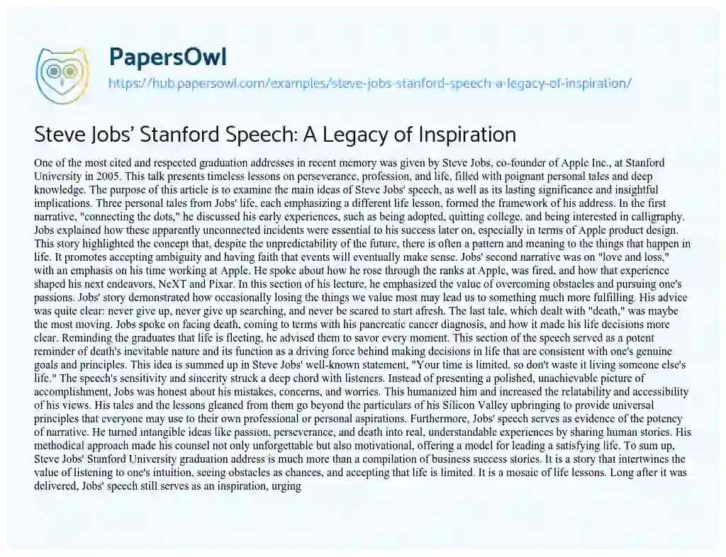 Essay on Steve Jobs’ Stanford Speech: A Legacy of Inspiration
