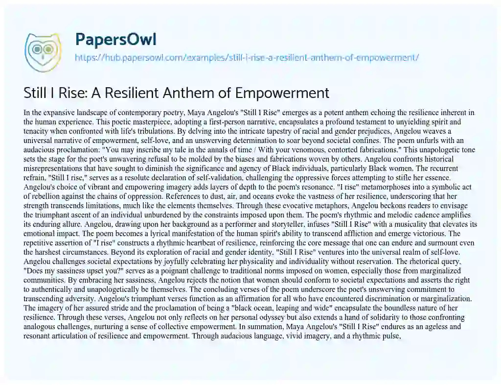 Essay on Still I Rise: A Resilient Anthem of Empowerment