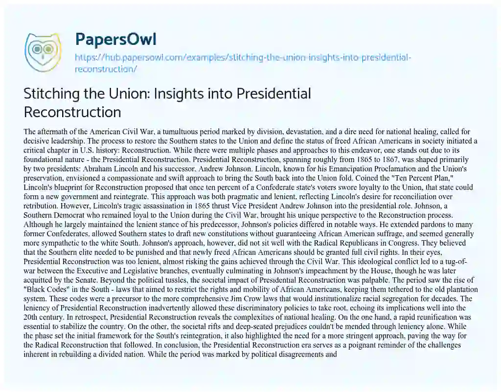 Essay on Stitching the Union: Insights into Presidential Reconstruction