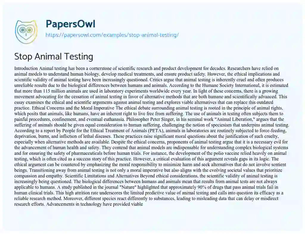 Essay on Stop Animal Testing
