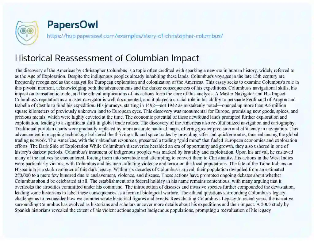 Essay on Historical Reassessment of Columbian Impact