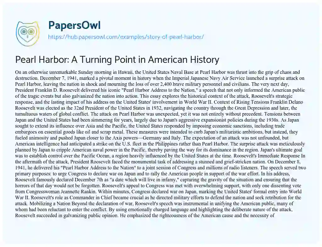 Essay on Pearl Harbor: A Turning Point in American History
