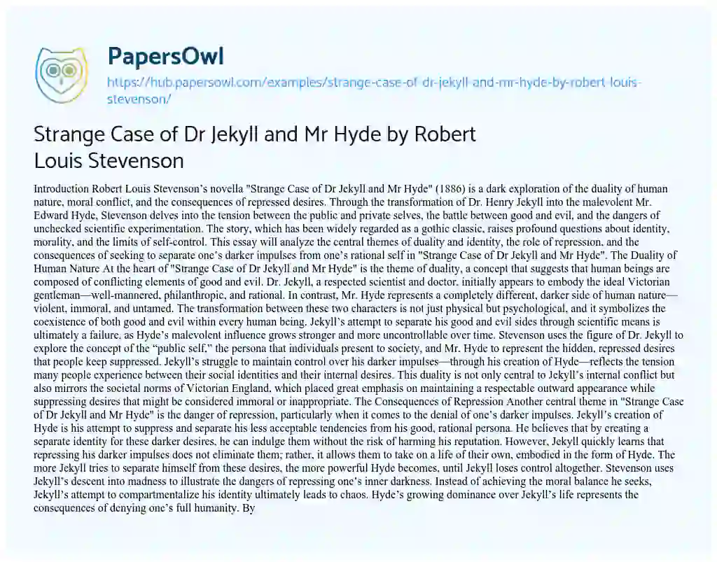 Essay on Strange Case of Dr Jekyll and Mr Hyde by Robert Louis Stevenson