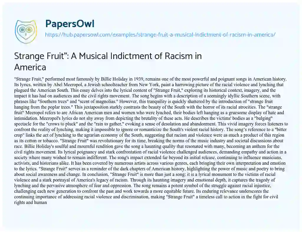 Essay on Strange Fruit”: A Musical Indictment of Racism in America