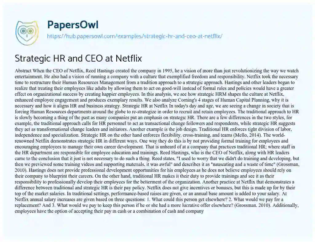 Essay on Strategic HR and CEO at Netflix