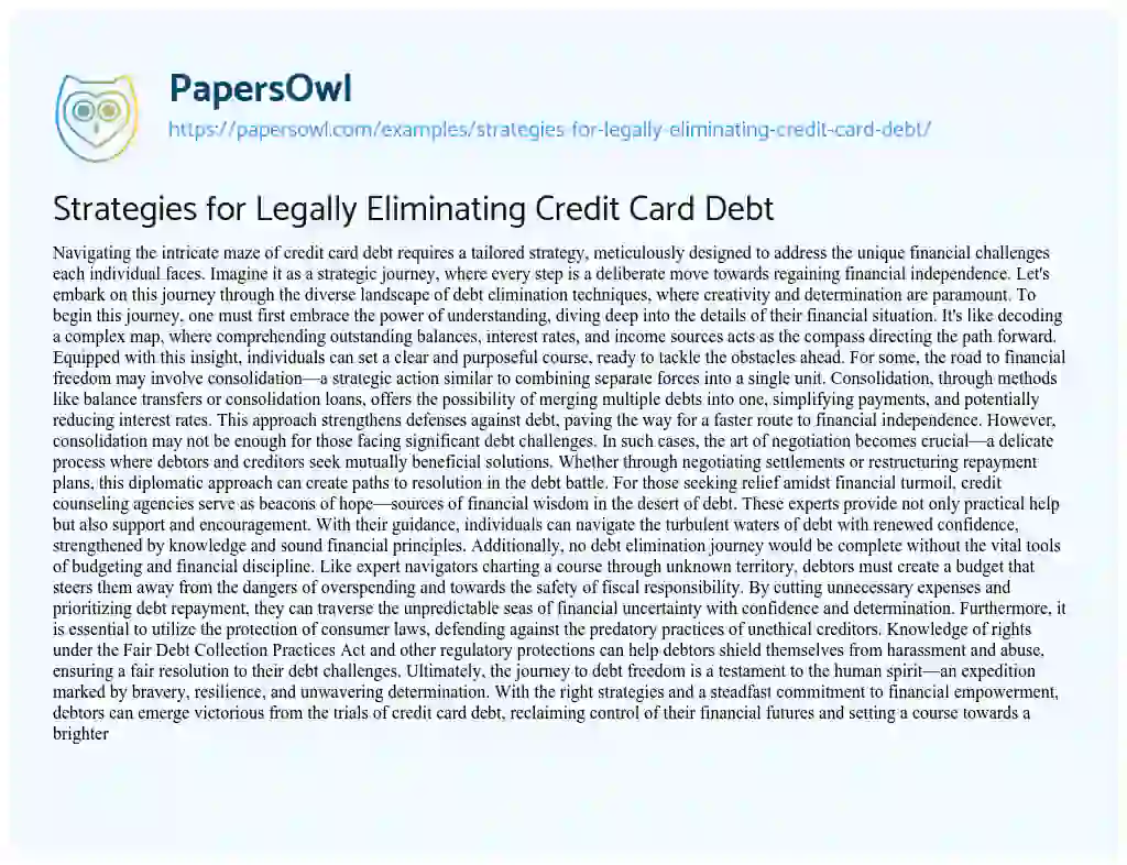 Essay on Strategies for Legally Eliminating Credit Card Debt