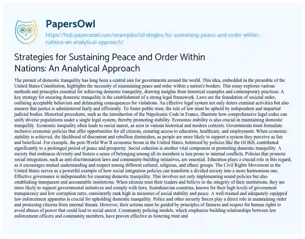 Essay on Strategies for Sustaining Peace and Order Within Nations: An Analytical Approach