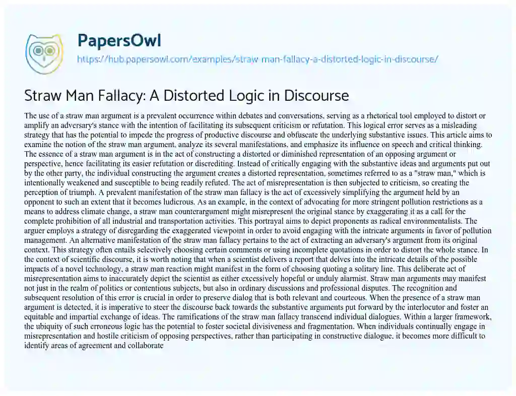 Essay on Straw Man Fallacy: A Distorted Logic in Discourse