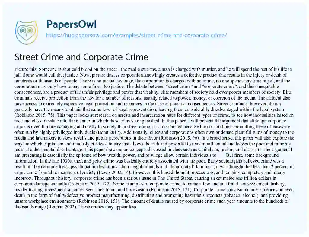 Essay on Street Crime and Corporate Crime