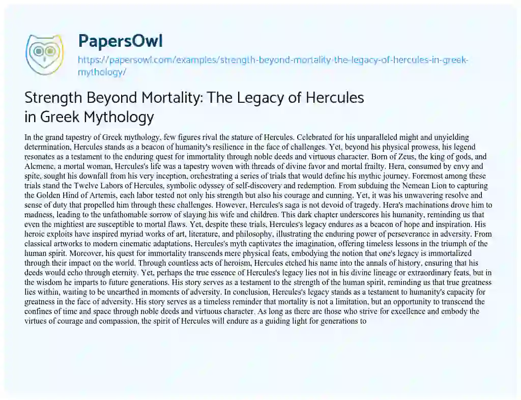 Essay on Strength Beyond Mortality: The Legacy of Hercules in Greek Mythology