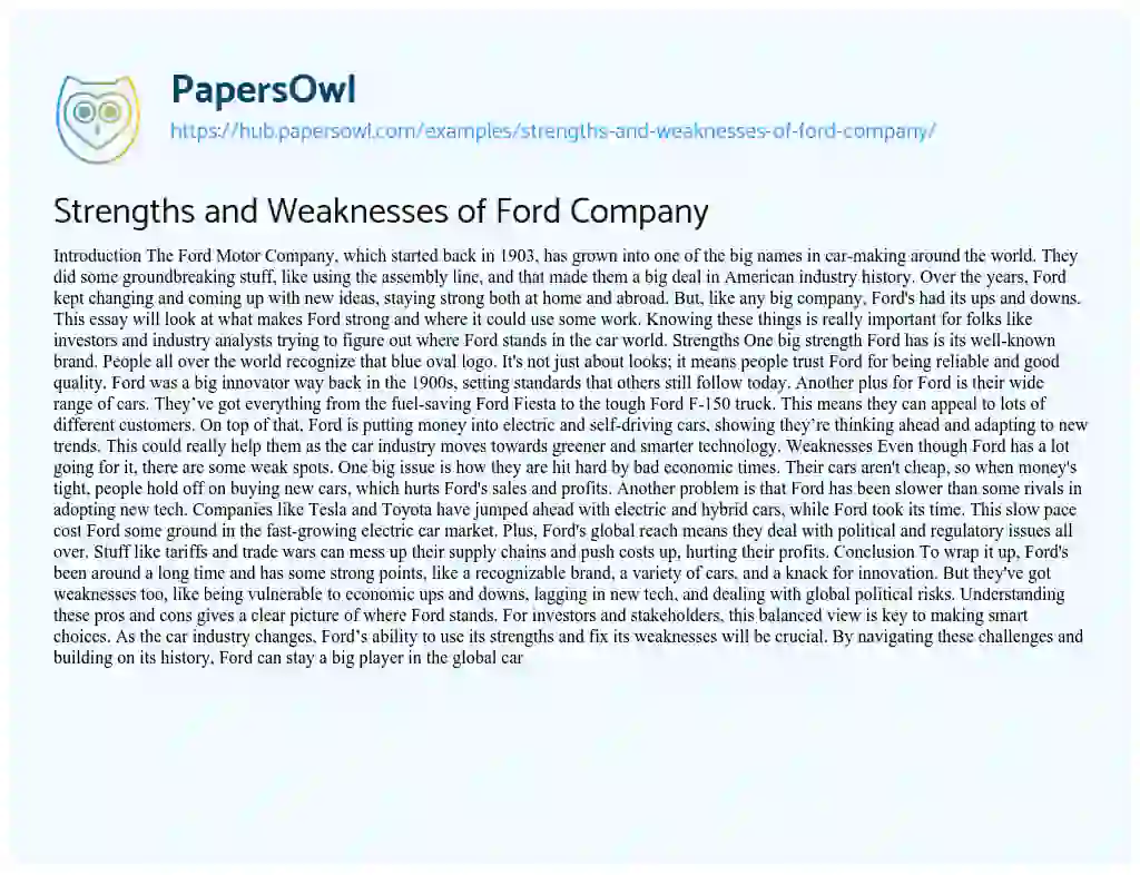 Essay on Strengths and Weaknesses of Ford Company