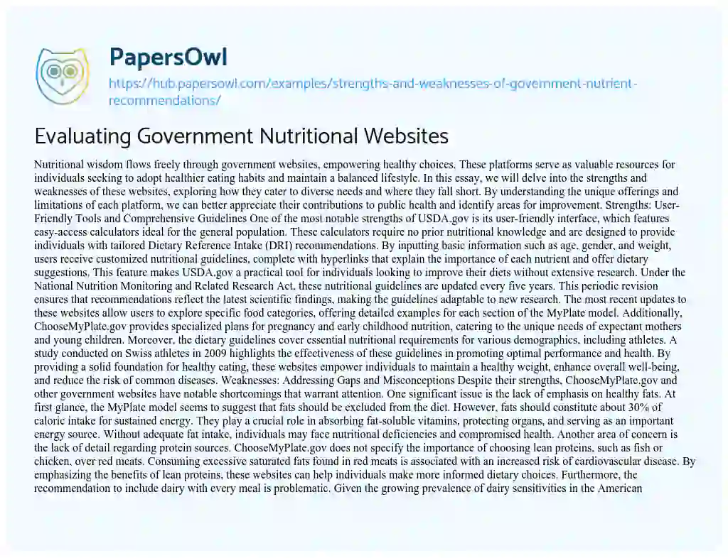 Essay on Evaluating Government Nutritional Websites