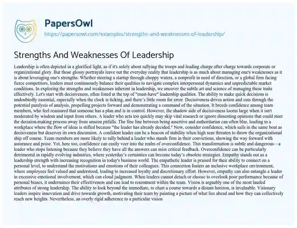 Essay on Strengths And Weaknesses Of Leadership