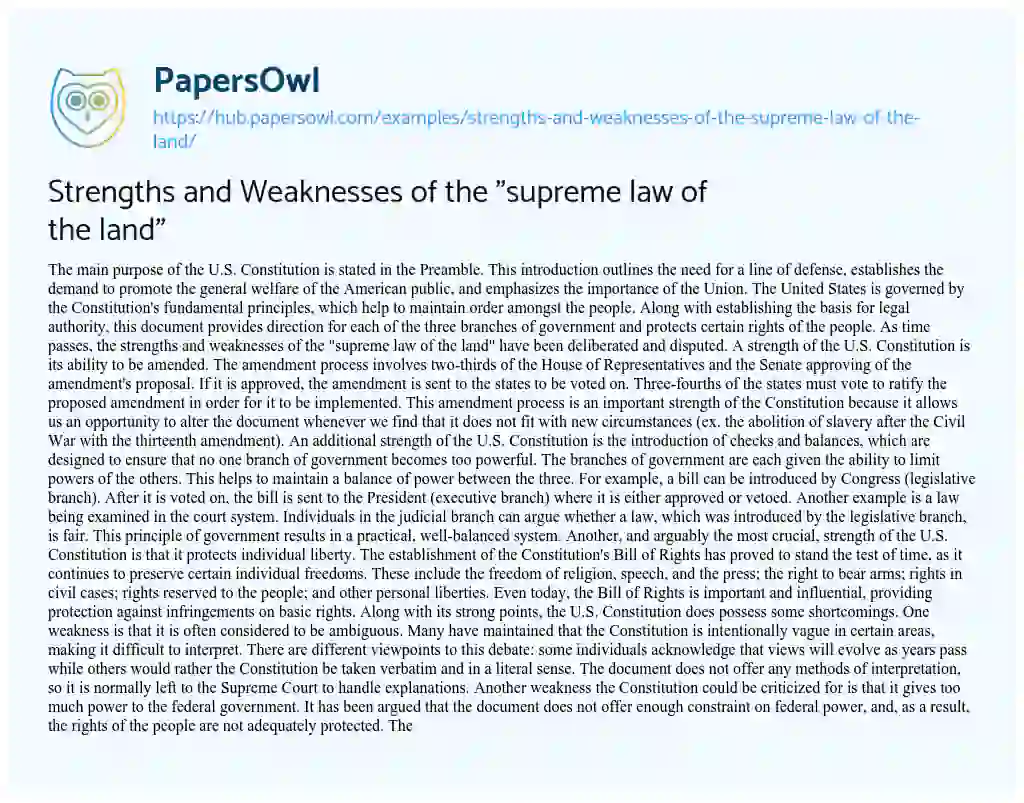 Essay on Strengths and Weaknesses of the “supreme law of the land”