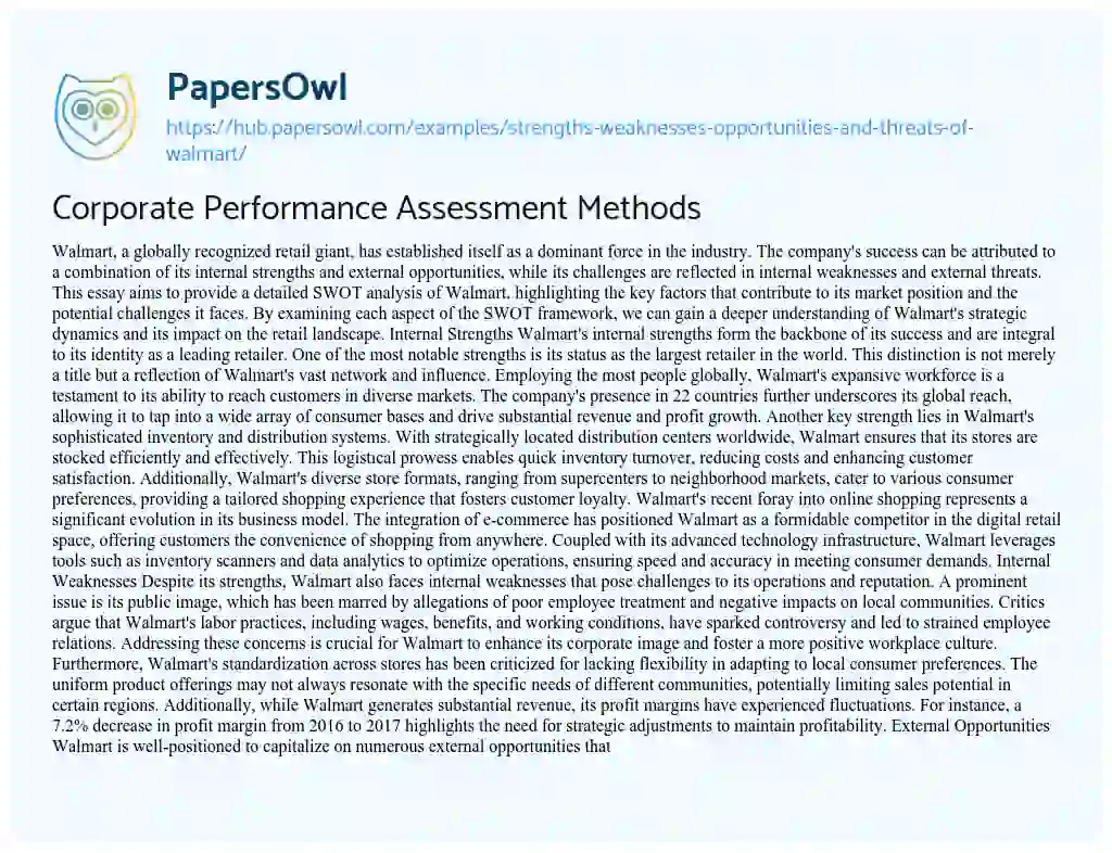 Essay on Corporate Performance Assessment Methods