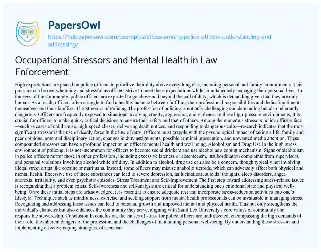 Essay on Occupational Stressors and Mental Health in Law Enforcement