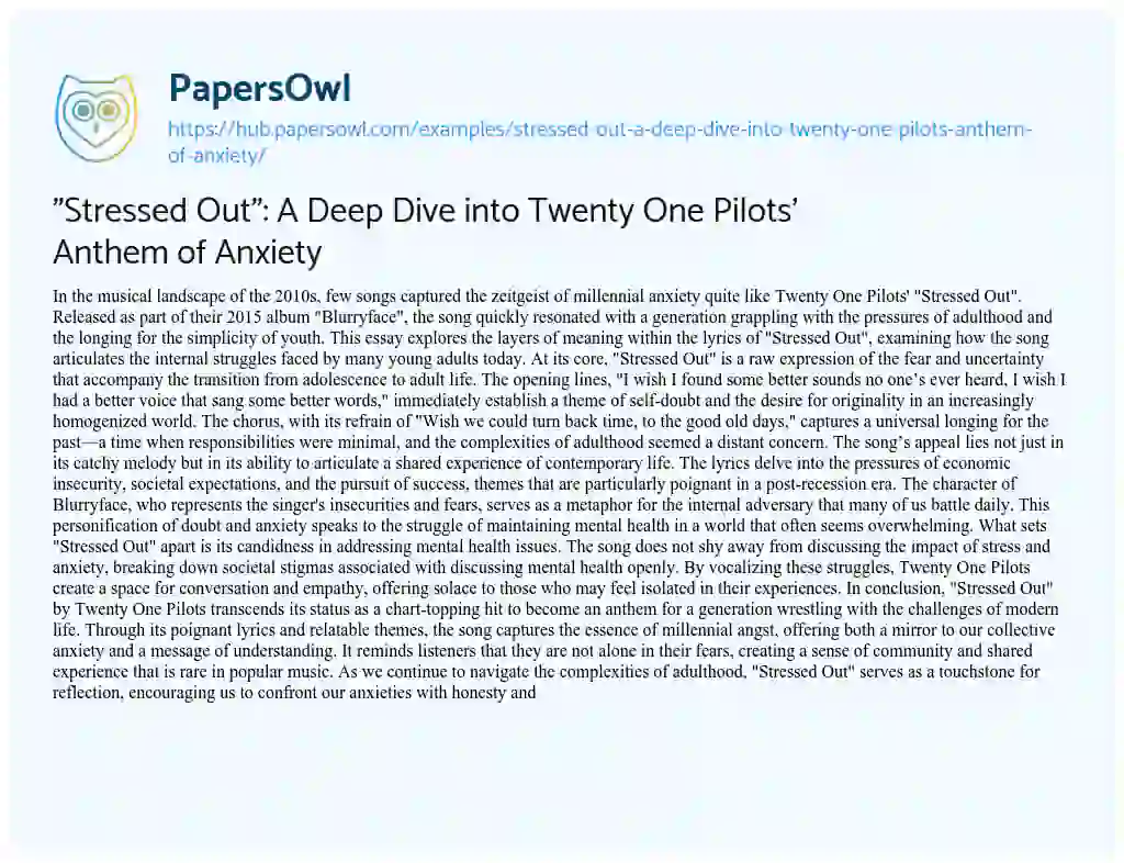 Essay on “Stressed Out”: A Deep Dive into Twenty One Pilots’ Anthem of Anxiety