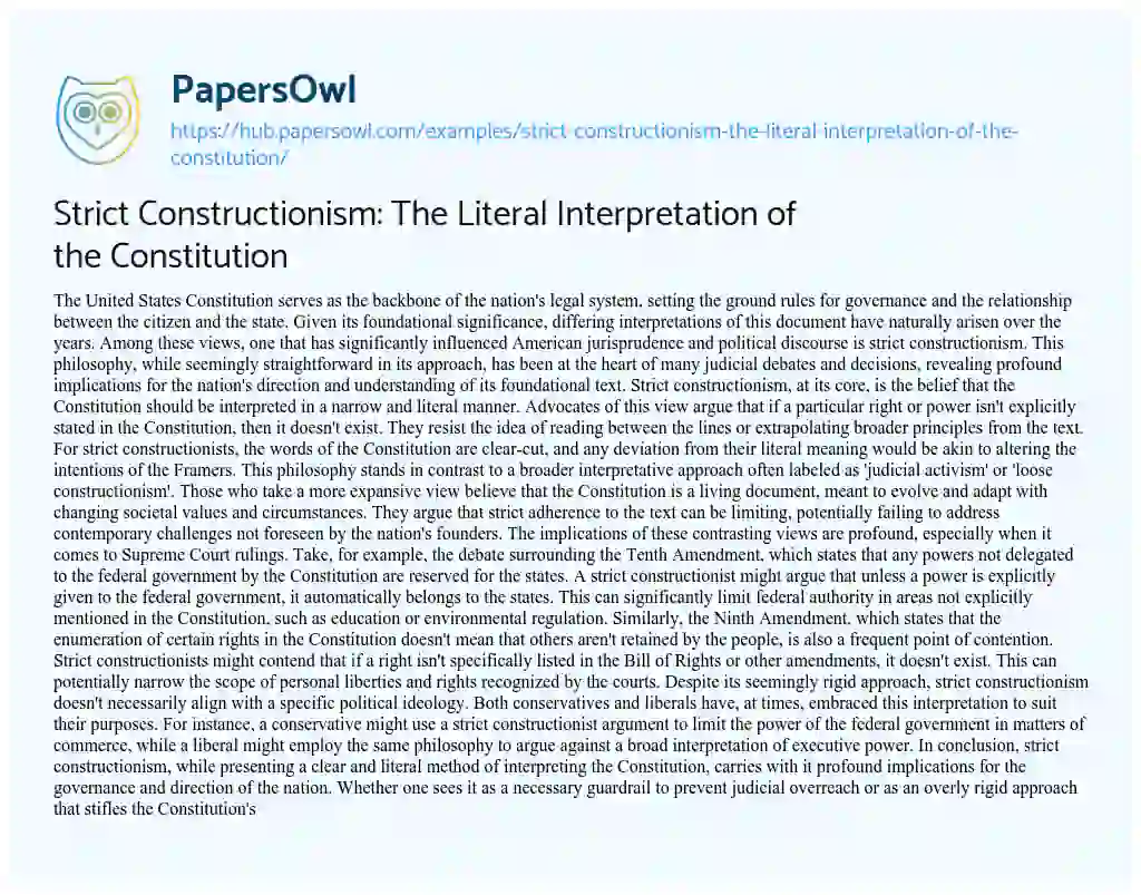 Essay on Strict Constructionism: The Literal Interpretation of the Constitution