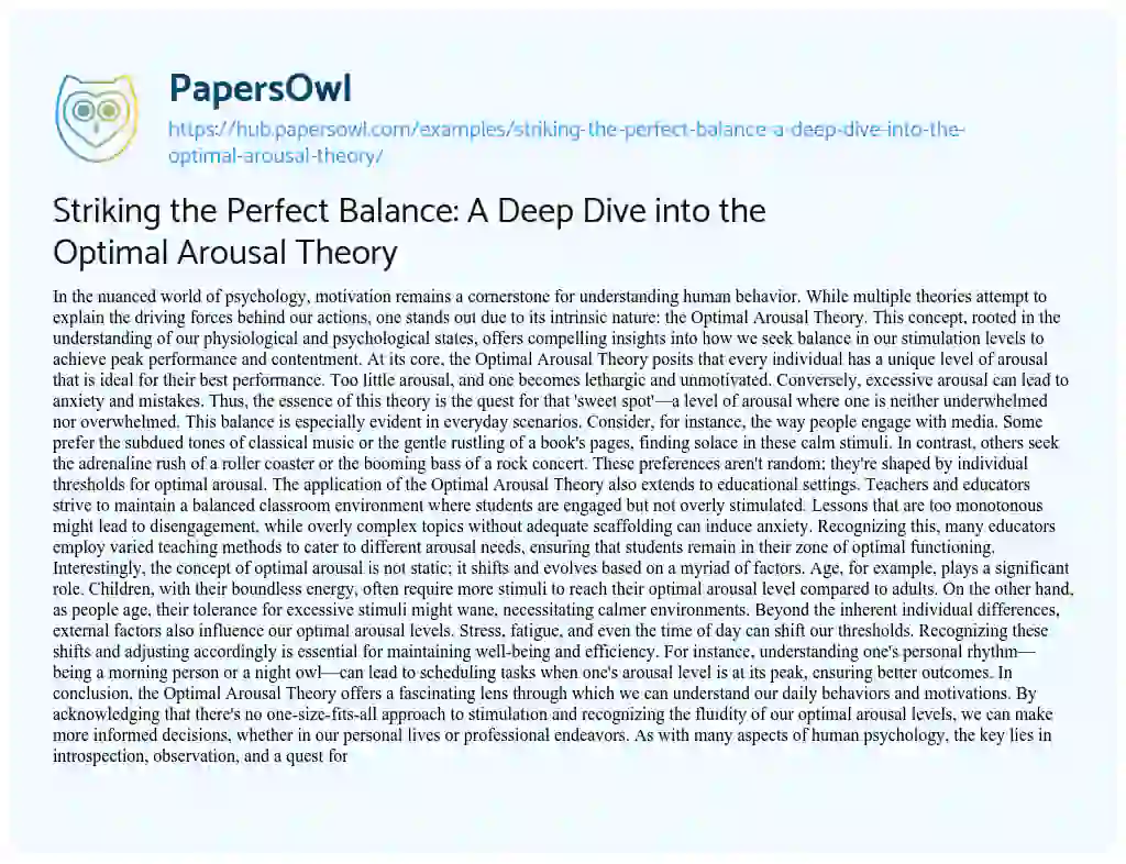 Essay on Striking the Perfect Balance: A Deep Dive into the Optimal Arousal Theory