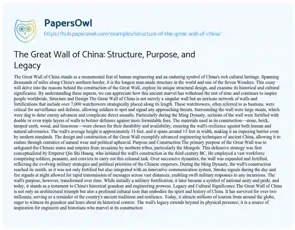 Essay on The Great Wall of China: Structure, Purpose, and Legacy