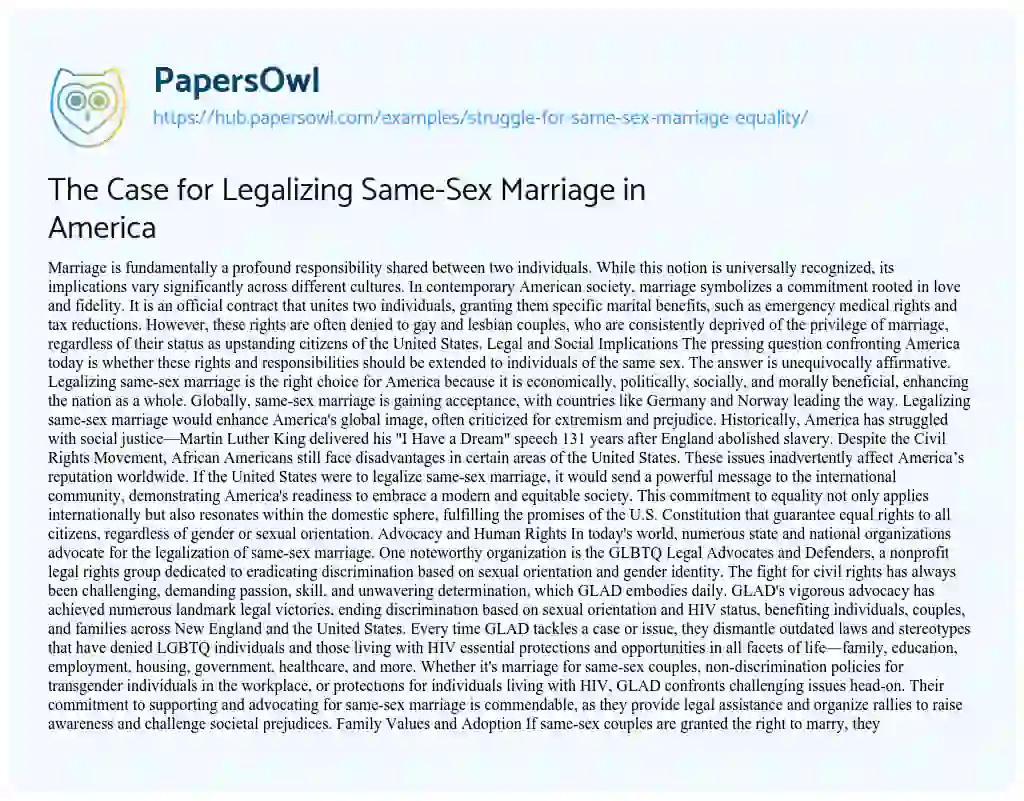 Essay on The Case for Legalizing Same-Sex Marriage in America