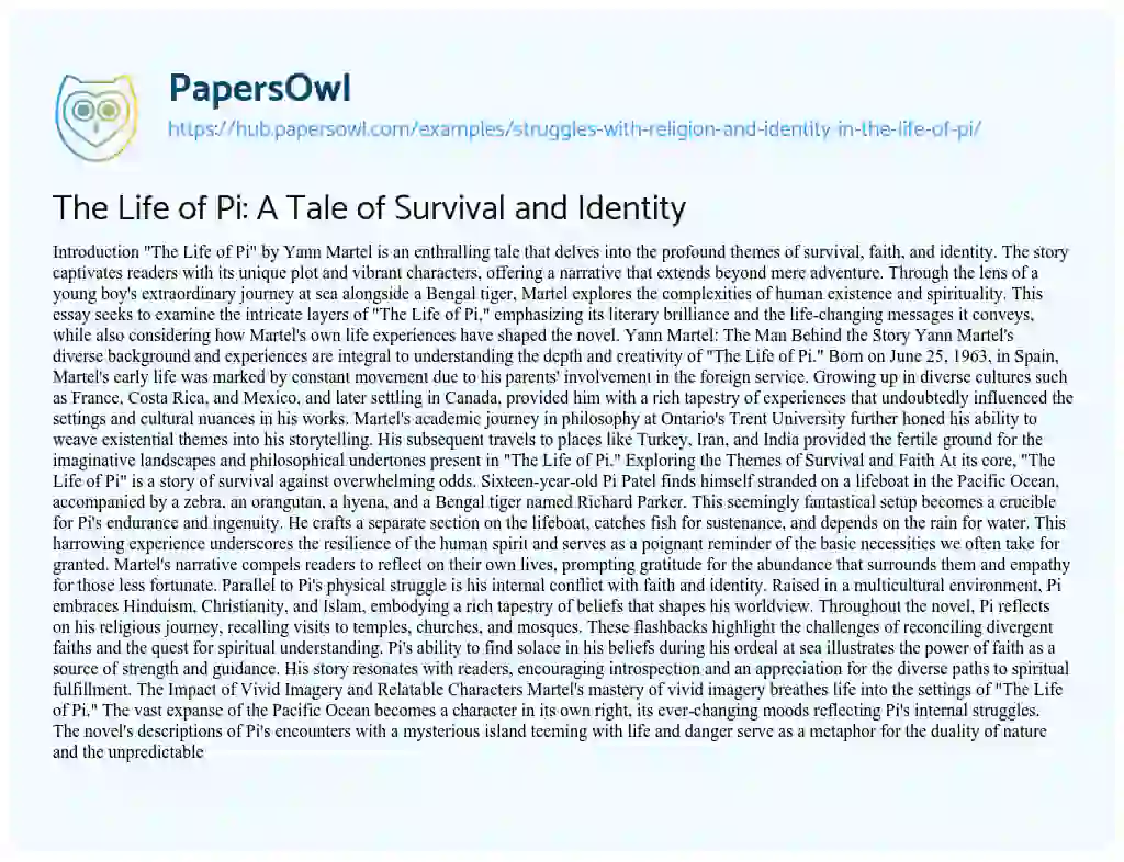 Essay on The Life of Pi: A Tale of Survival and Identity