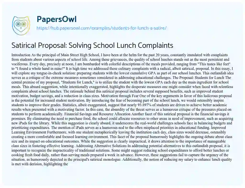 Essay on Satirical Proposal: Solving School Lunch Complaints